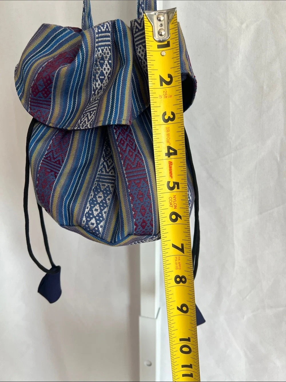 Woven Blue Multi-Stripe Drawstring Bag with Flap on Front & Back Silk Pullstring